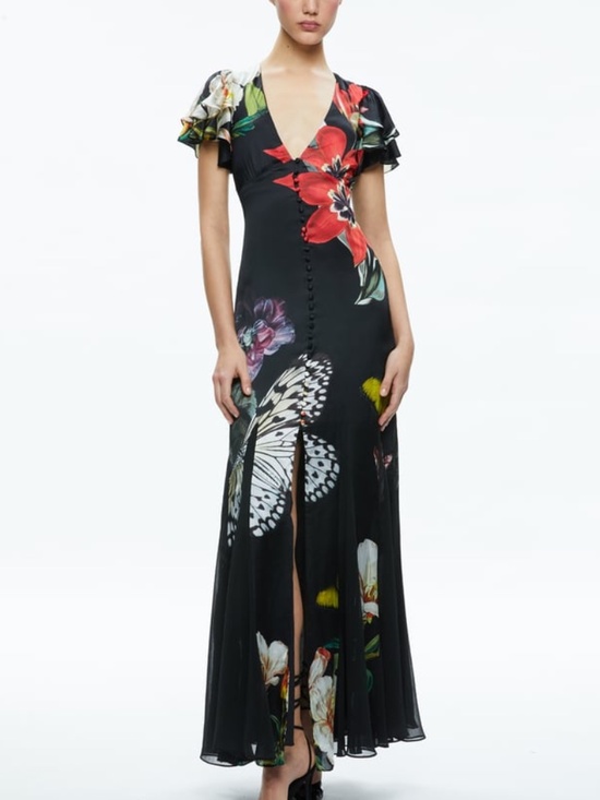 Alice + Olivia Dresses & Skirts - Alice + Olivia FARA Black Floral Butterfly Flutter Sleeve Maxi Dress - Size 2